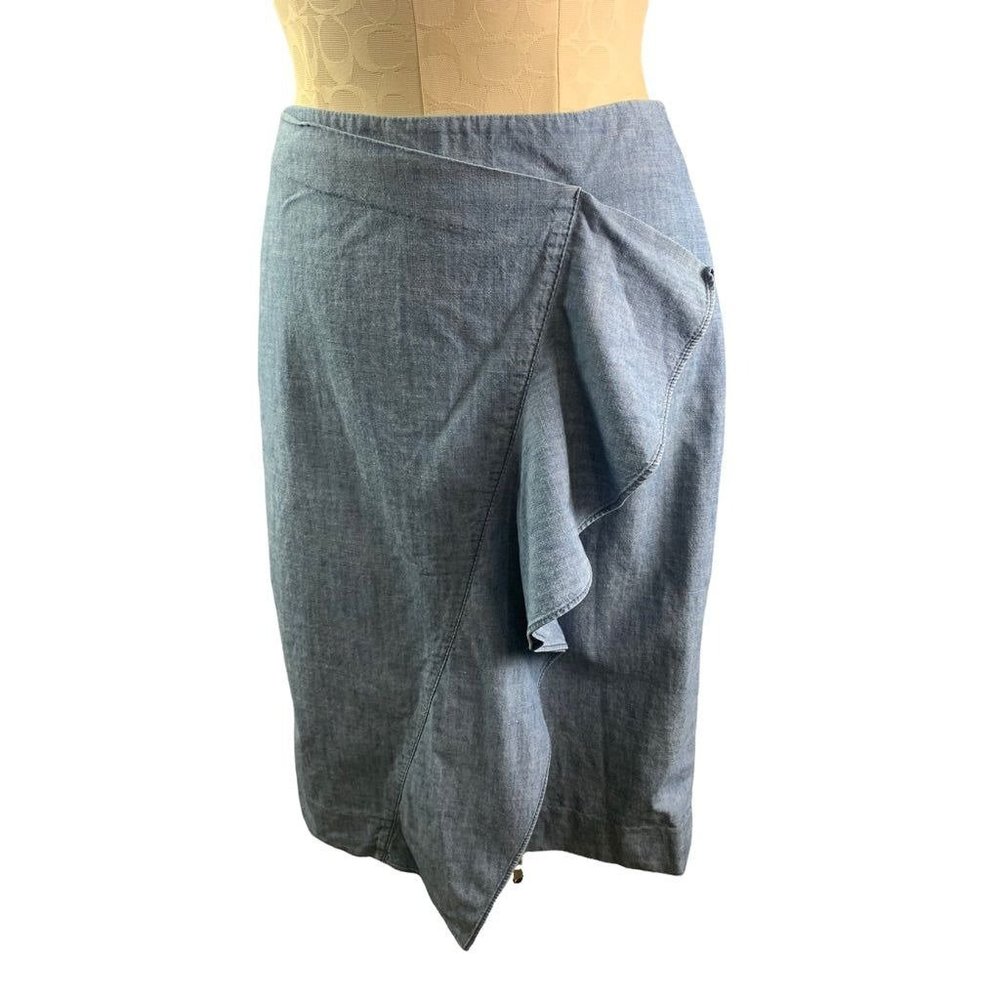 2 J.Crew Women's Chambray Blue Ruffle Front‎ Skirt Style#G2285